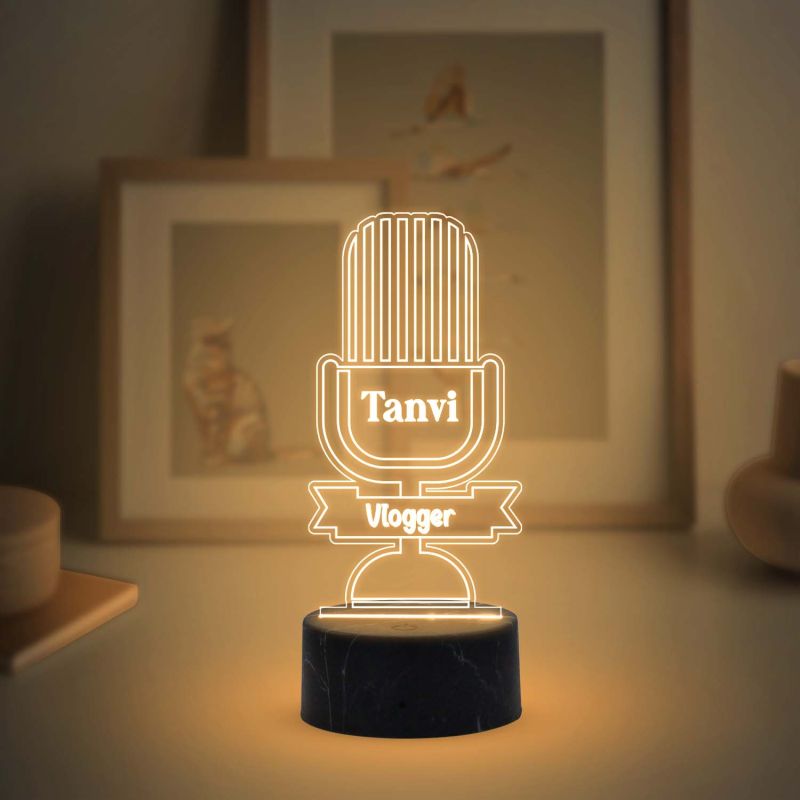 3D Illusion Vlogger Microphone Design Night Lamp with Warm White Light Customized with Name Gift For Kid
